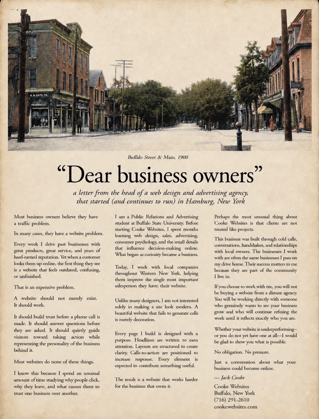 Newspaper advertisement for Cooke Websites styled as a 1900 letter to business owners